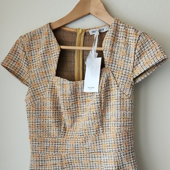Grace Karin Tan and Cream Tweed Midi Dress Sz S NWT Cap Sleeve Pencil Dress NWT - Picture 3 of 15